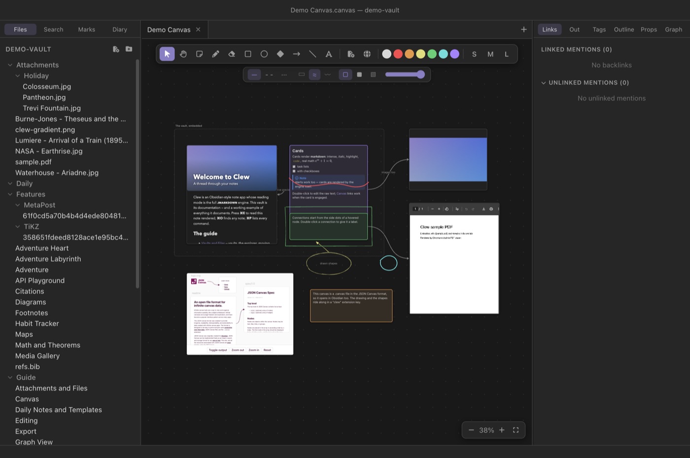 The demo canvas: an embedded live note, cards, an image, a PDF, connections, and hand-drawn ink and shapes