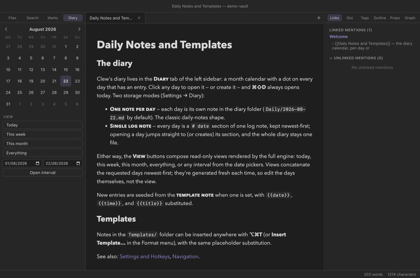 The diary calendar panel beside a rendered note