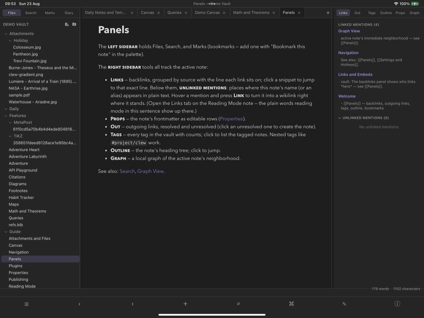 Clew running on an iPad: the file explorer, a tab strip, a note in reading mode, and the backlinks panel