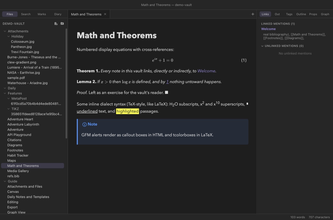 A note with numbered display equations, theorem and lemma environments, and a callout box