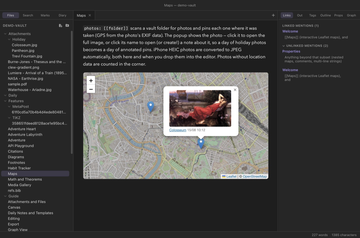 A photo map of Rome with an open popup showing a photo thumbnail, its name, and capture time