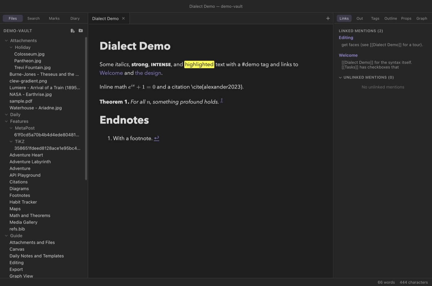The dialect demo note rendered: italics, strong, highlights, math, a citation, and a theorem