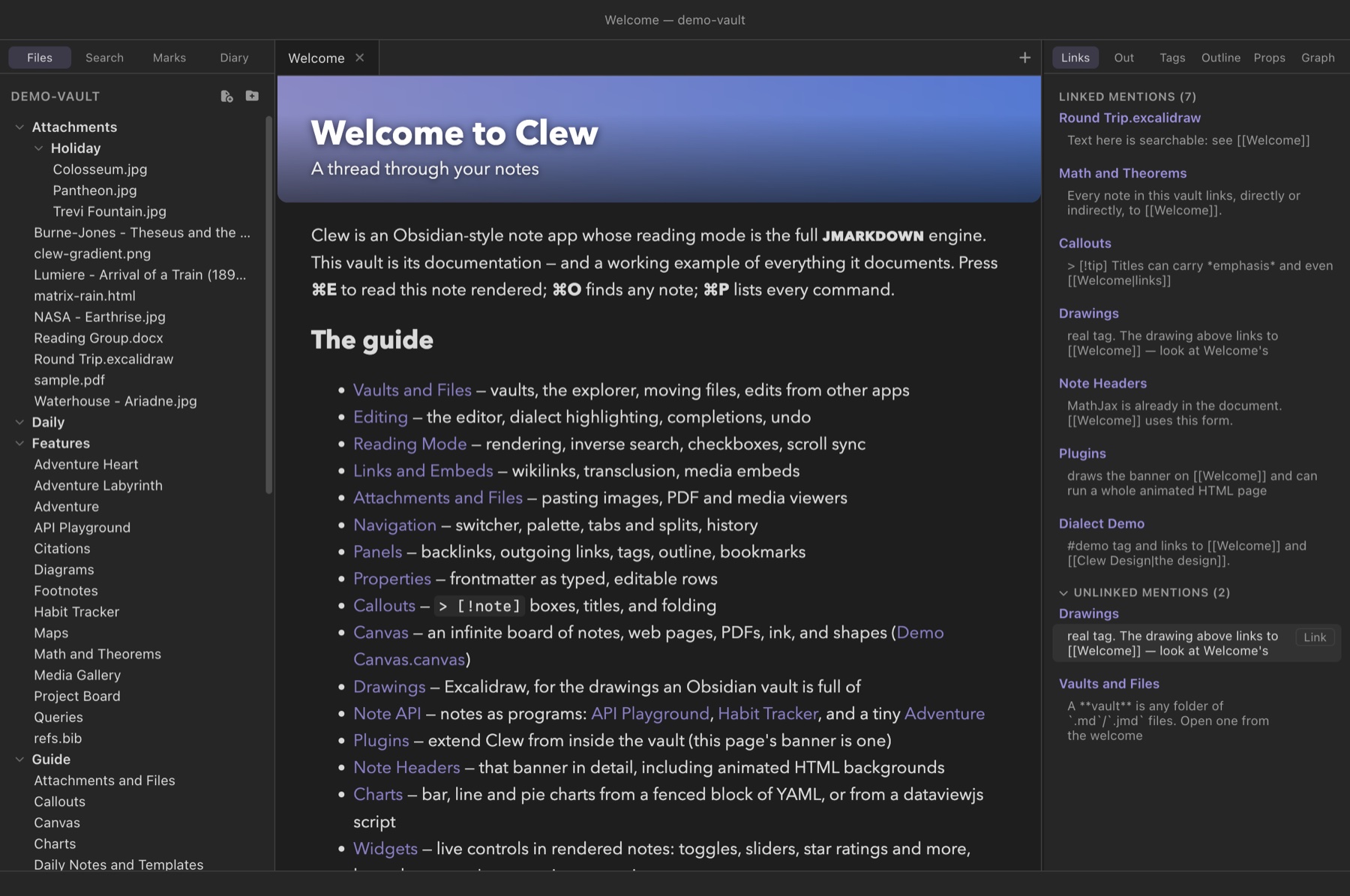 Clew's Welcome note in reading mode, with a banner header rendered by a vault plugin