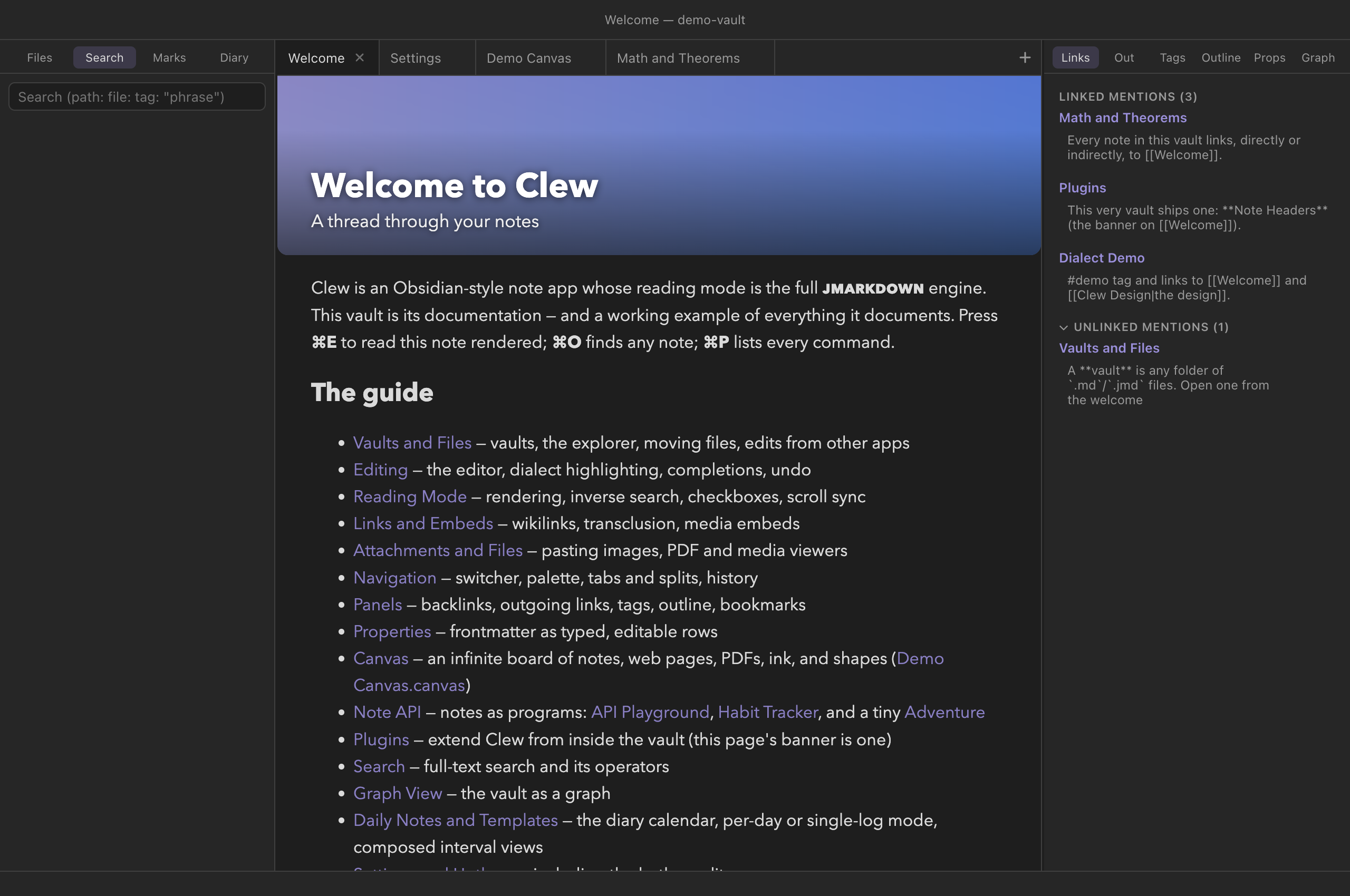 The right sidebar's Links panel showing linked mentions with context snippets, and an unlinked mentions section below