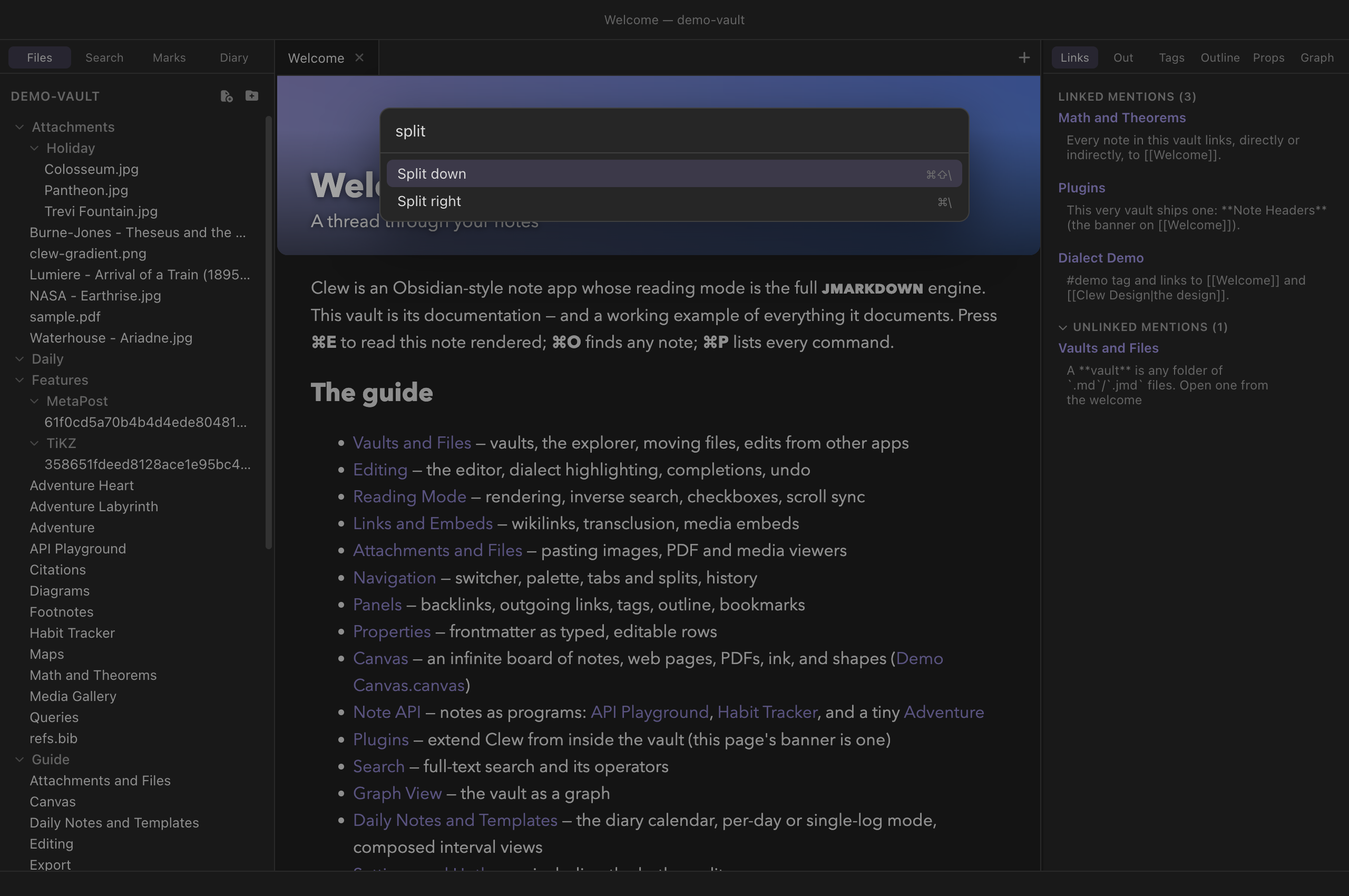 The command palette open, showing a filtered list of commands with their hotkeys aligned on the right
