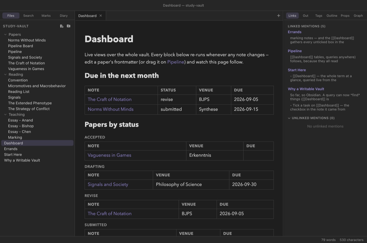 The study-vault Dashboard note in reading mode: a due-soon table produced by date arithmetic, and paper tables grouped by status