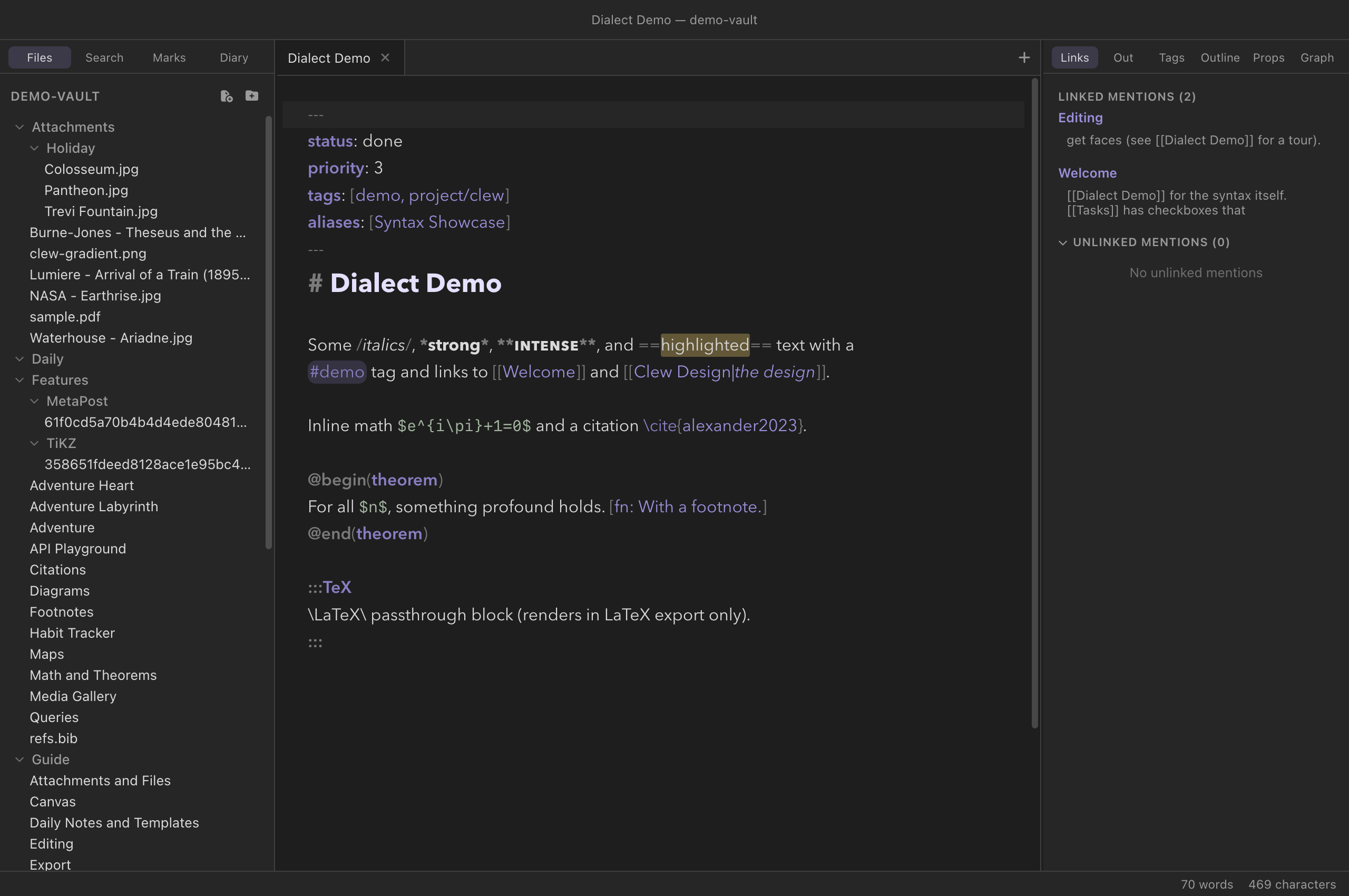 The Clew editor in source mode on the Dialect Demo note, with wikilinks, highlights, math, a citation, and a theorem environment each syntax-highlighted