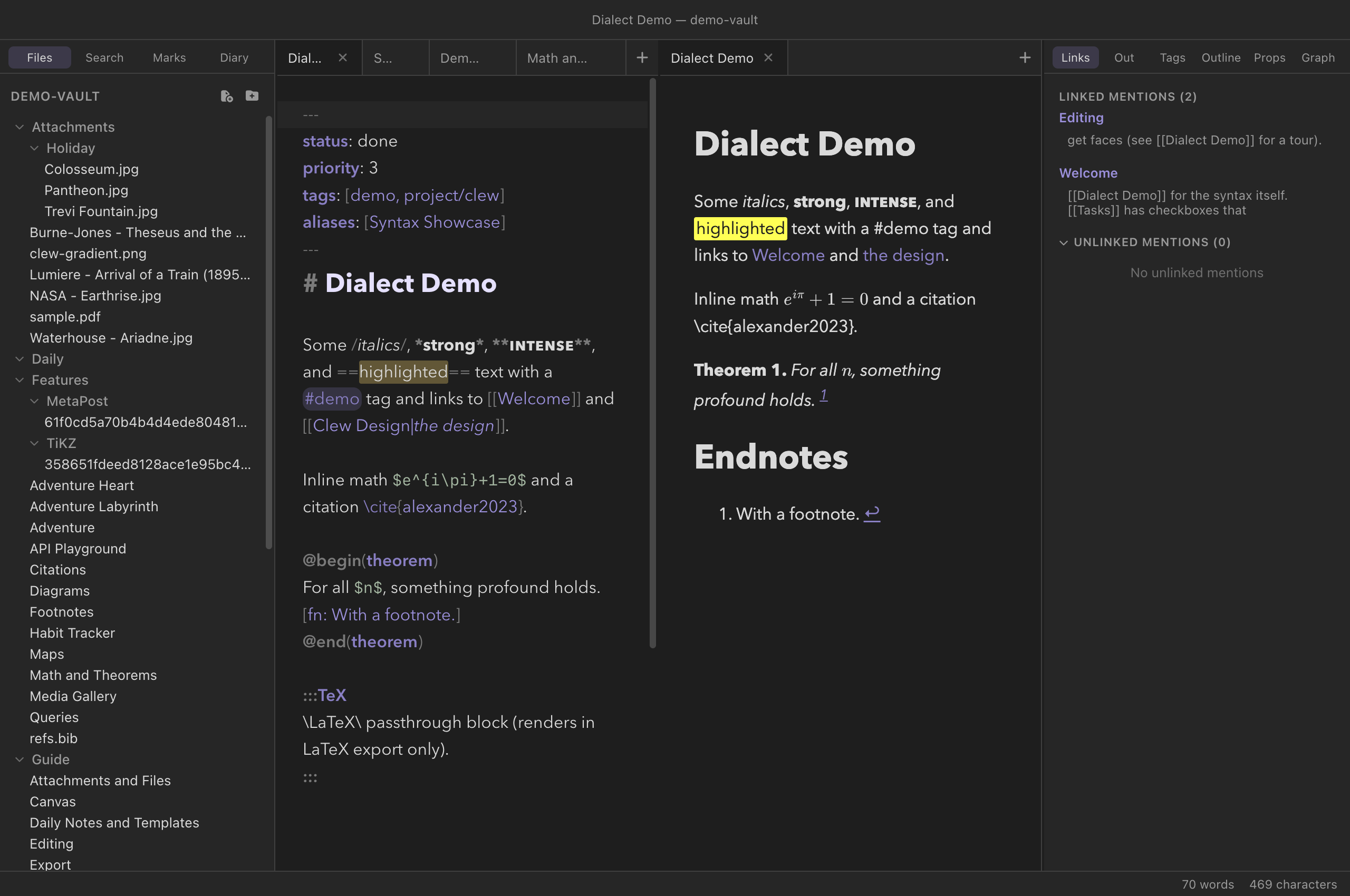 The Dialect Demo note in a split: jmarkdown source in one pane, the typeset result with italics, strong, highlights, and a theorem in the other