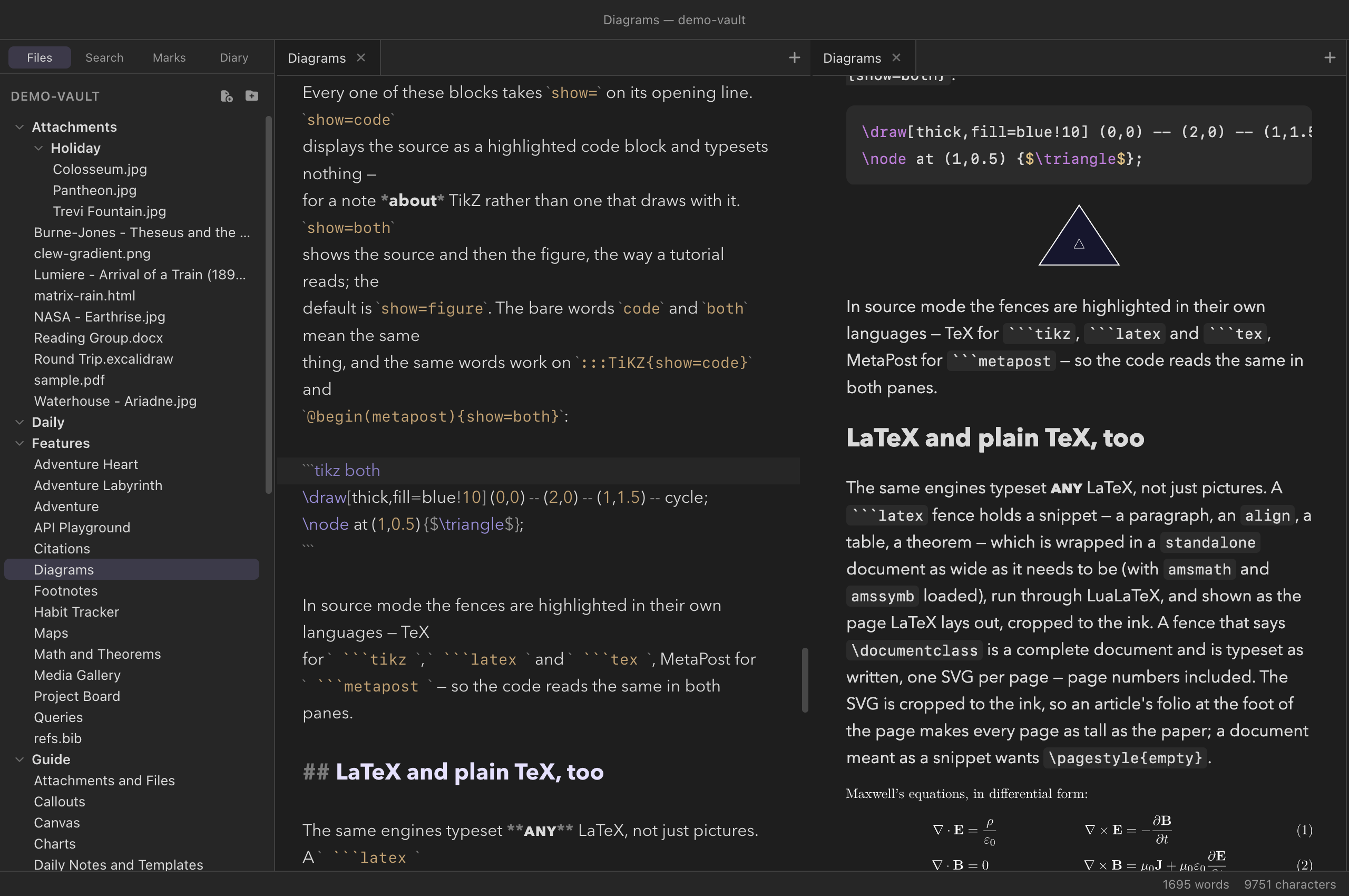 The Diagrams note split in two: on the left the source pane with a tikz both fence highlighted as TeX, on the right the same block in reading mode showing the code block and then the typeset triangle