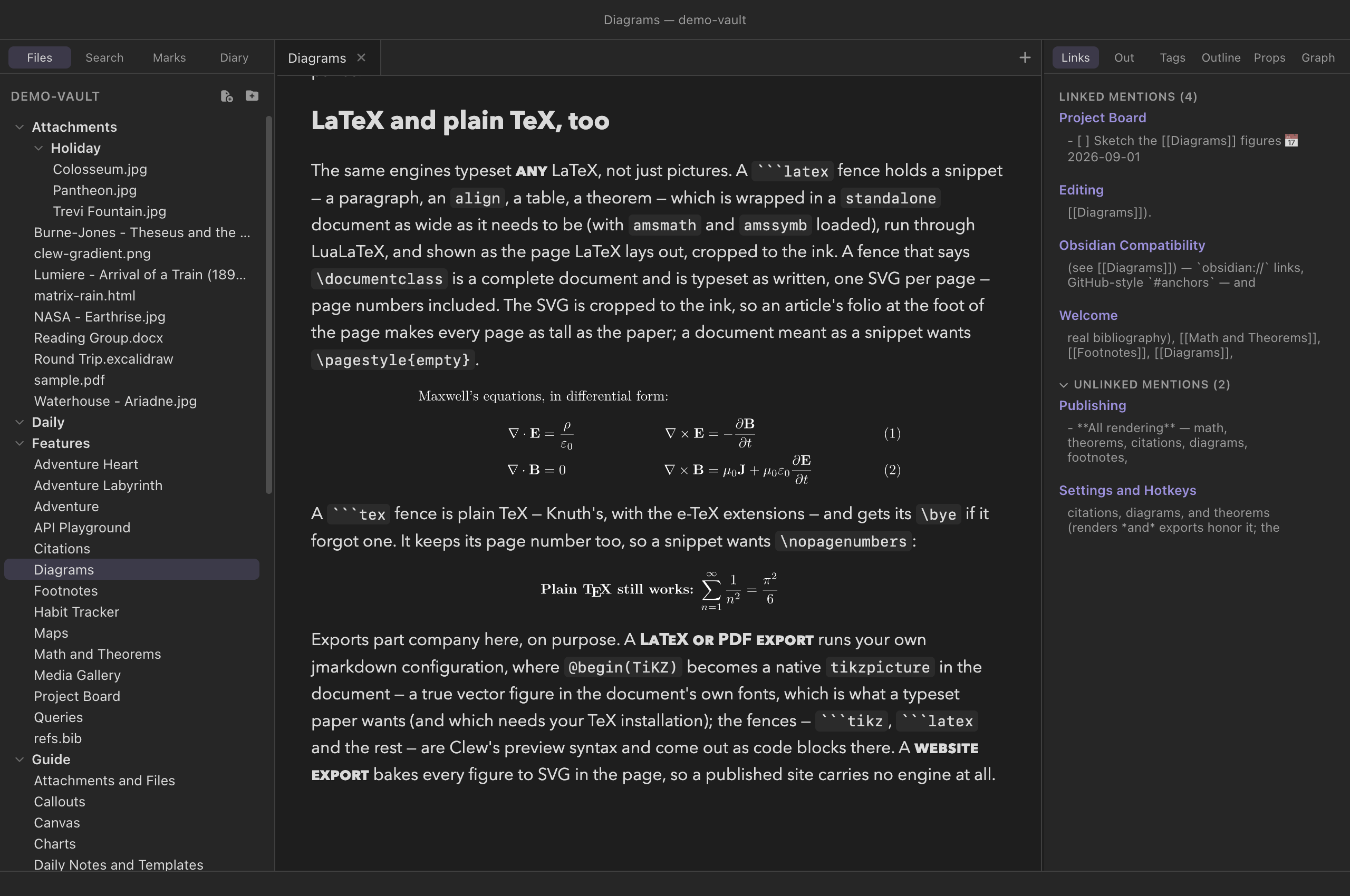 The demo vault's Diagrams note in reading mode: Maxwell's equations as a numbered align environment typeset from a latex fence, and below it a line of plain TeX with a displayed sum