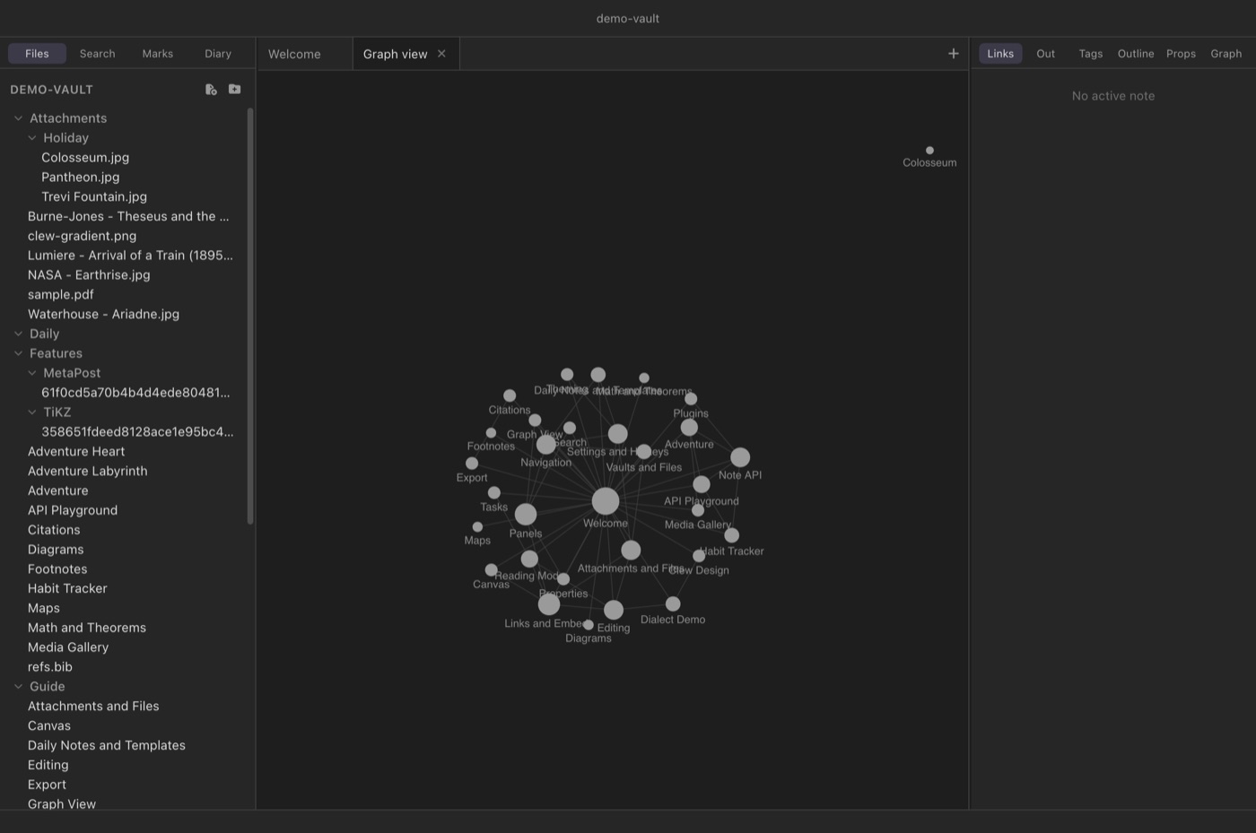 The vault graph view: a force-directed layout of notes as dots connected by link lines, with labels under the larger nodes