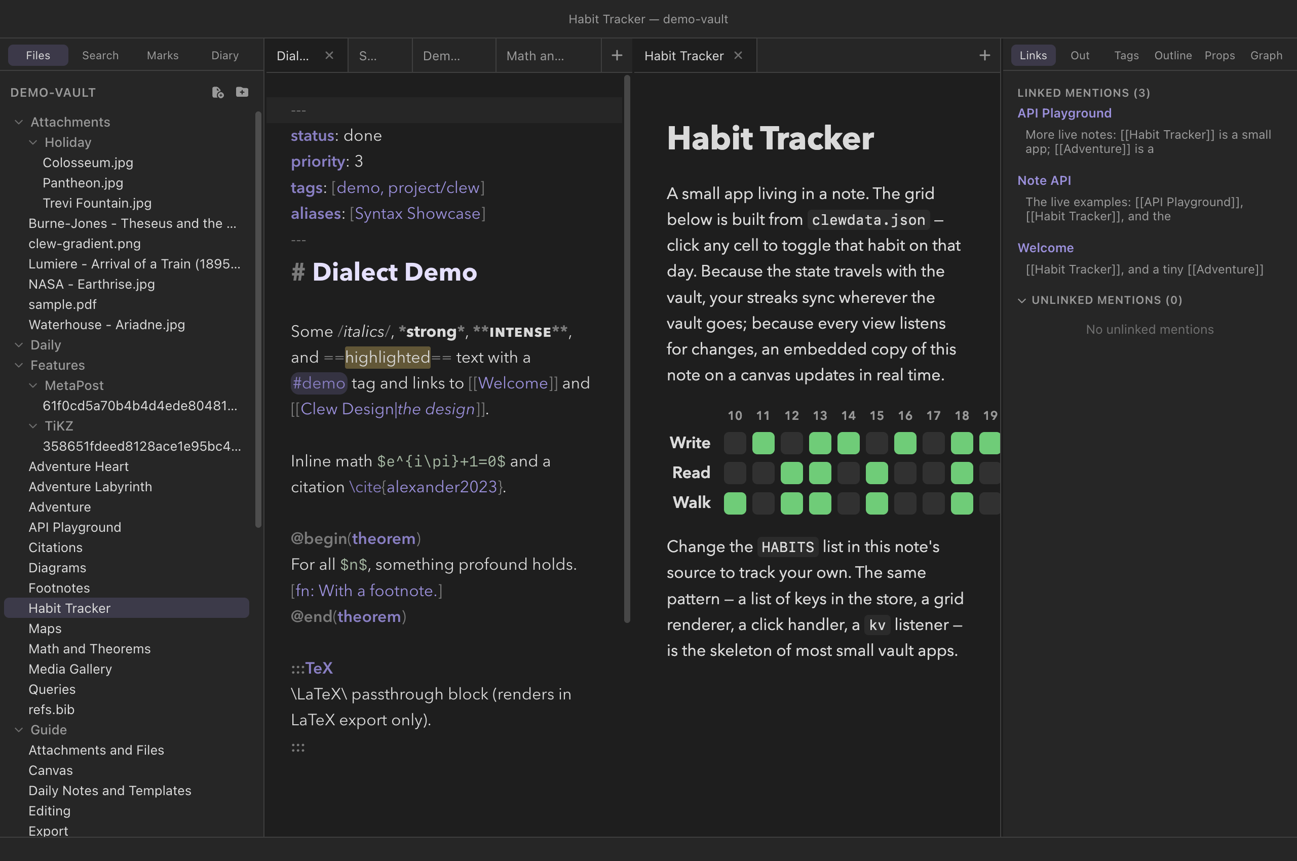 The Habit Tracker note in reading mode: a grid of fourteen day columns and three habit rows, with completed days filled green