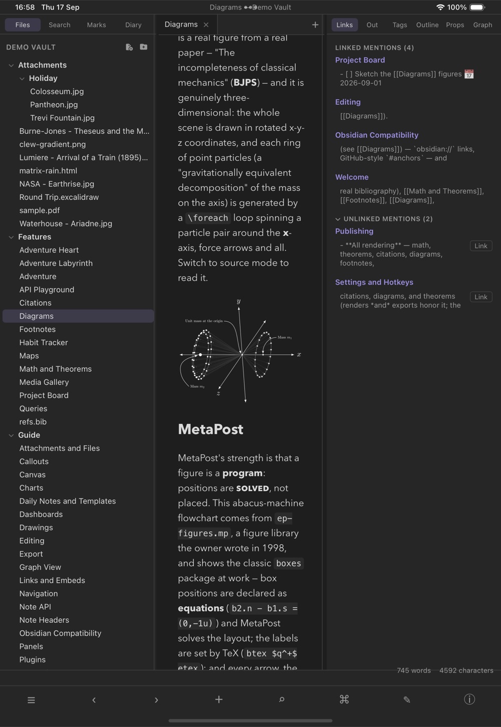 Clew on an iPad showing the demo vault's Diagrams note in reading mode, with a three-dimensional TikZ figure of two rings of point particles typeset in the page