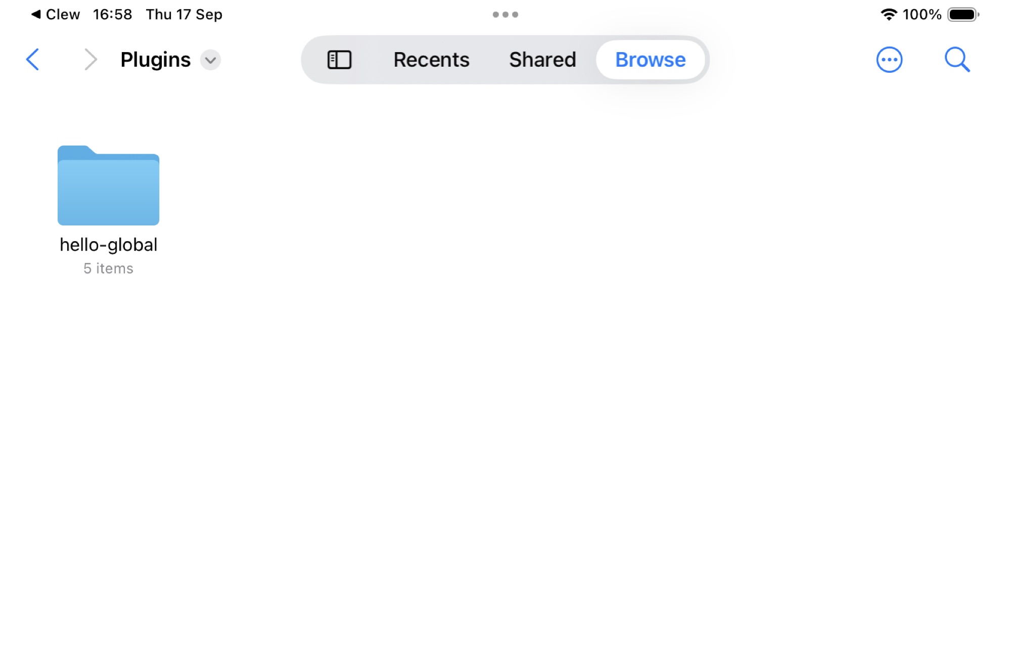 The Files app on an iPad, open on Clew's Plugins folder, which holds one plugin folder named hello-global