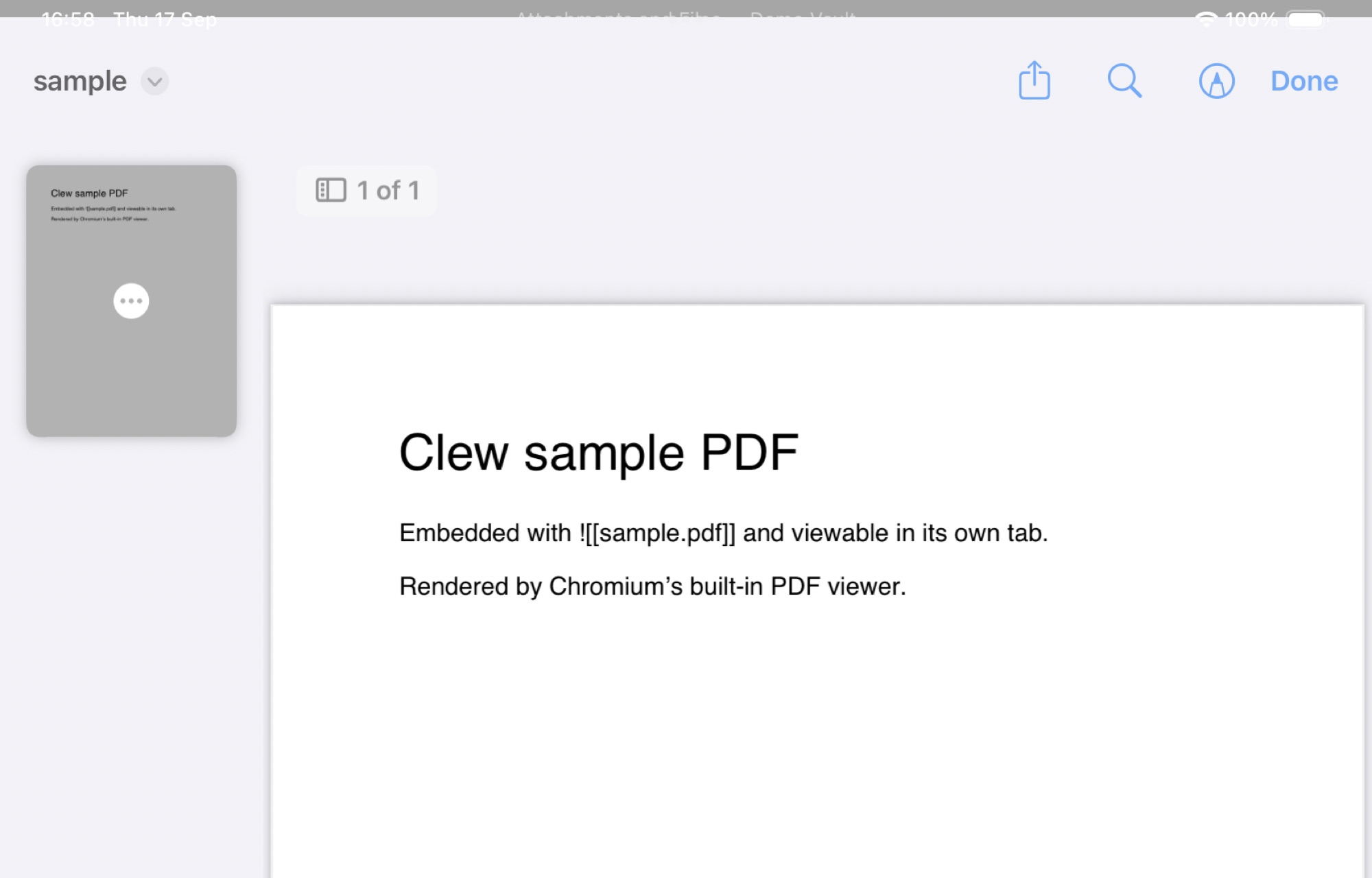Quick Look on an iPad showing a PDF from the vault, with the Share button and a Done button in its toolbar