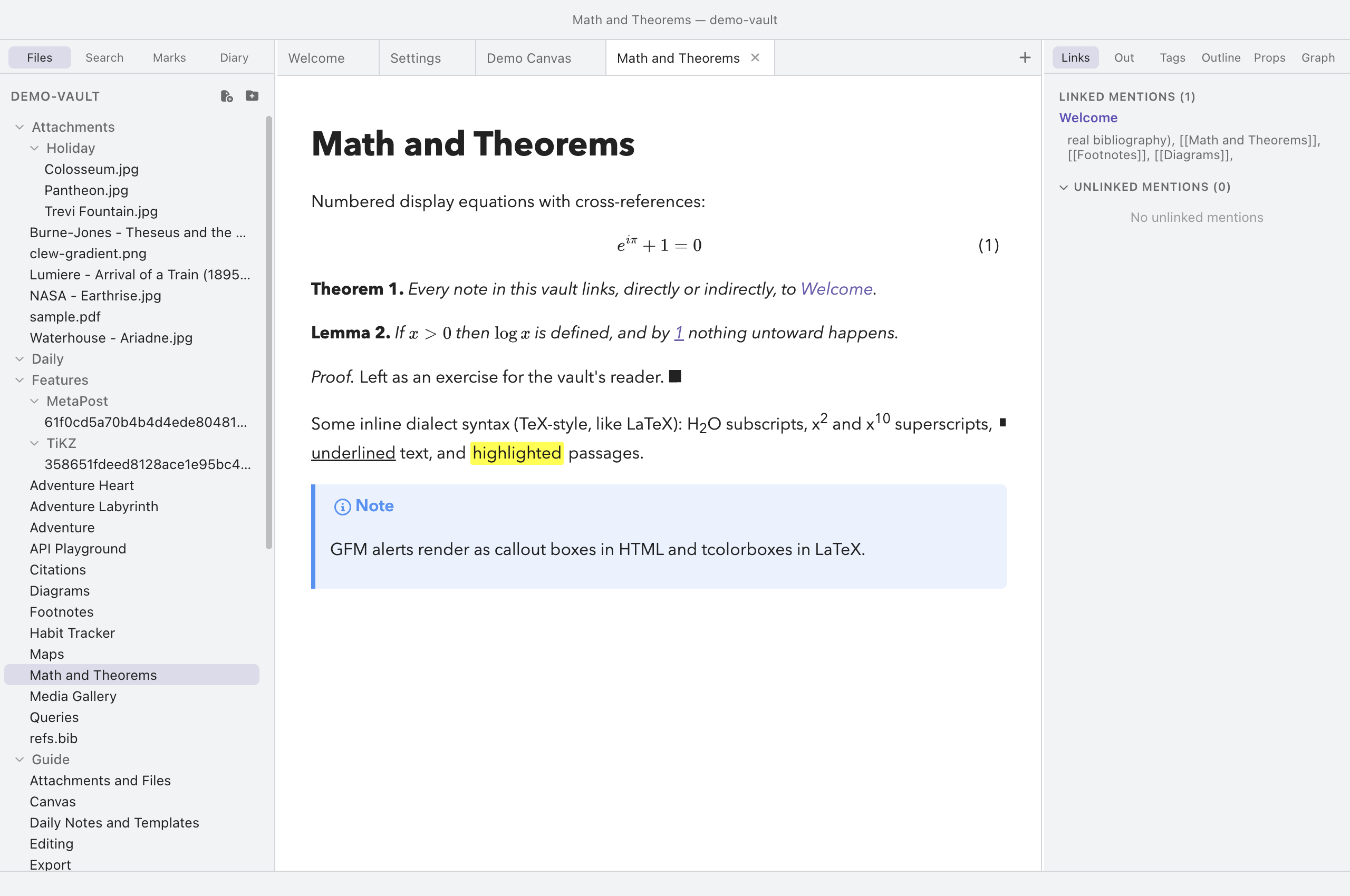 The Math and Theorems demo note open in Clew's light theme, with the same layout and panels as the dark screenshots elsewhere in the manual