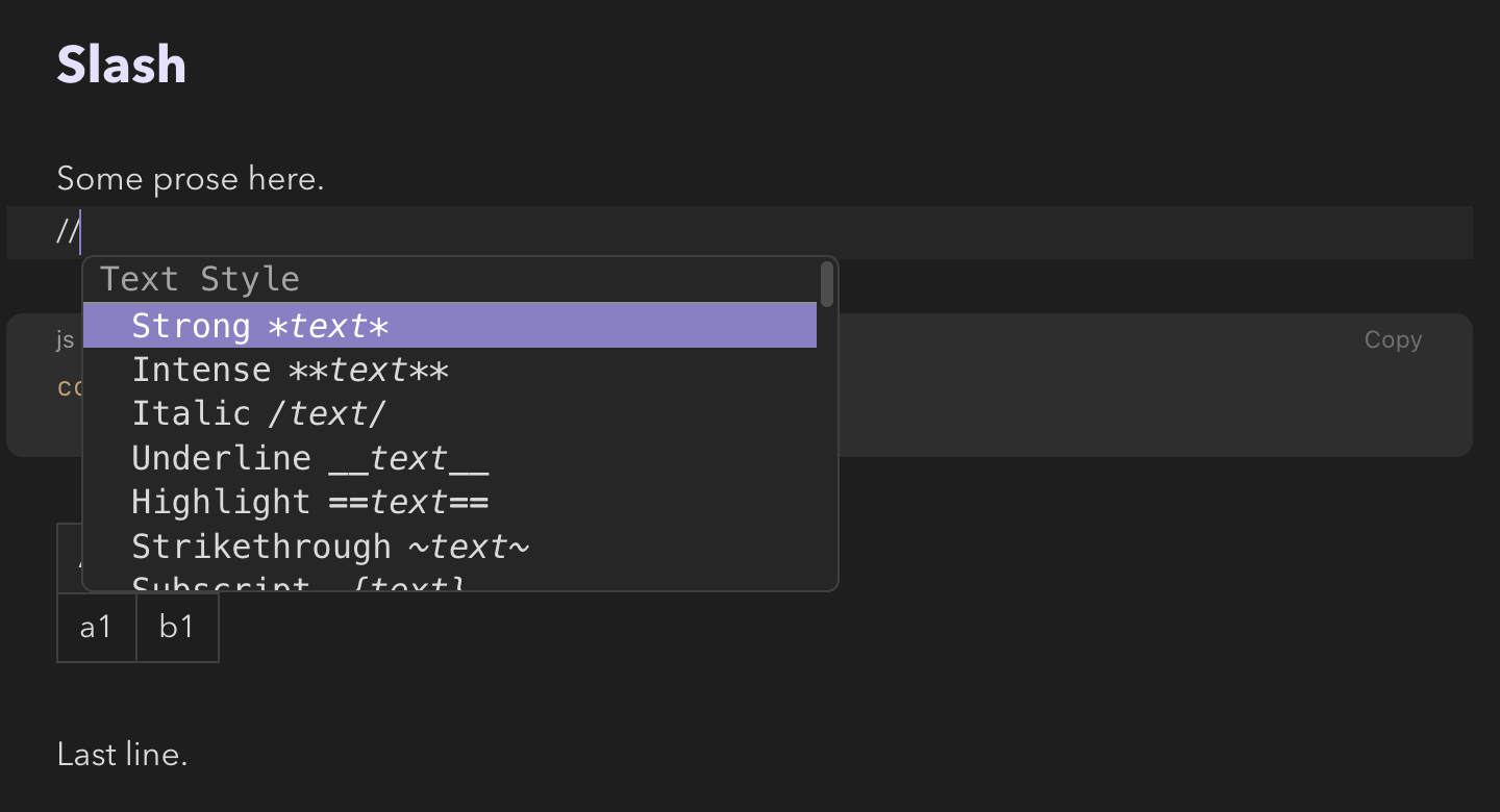 Two slashes typed on an empty line, with a menu below them listing the Format menu's text styles — Strong *text*, Intense **text**, Italic /text/ and more — under the heading Text Style