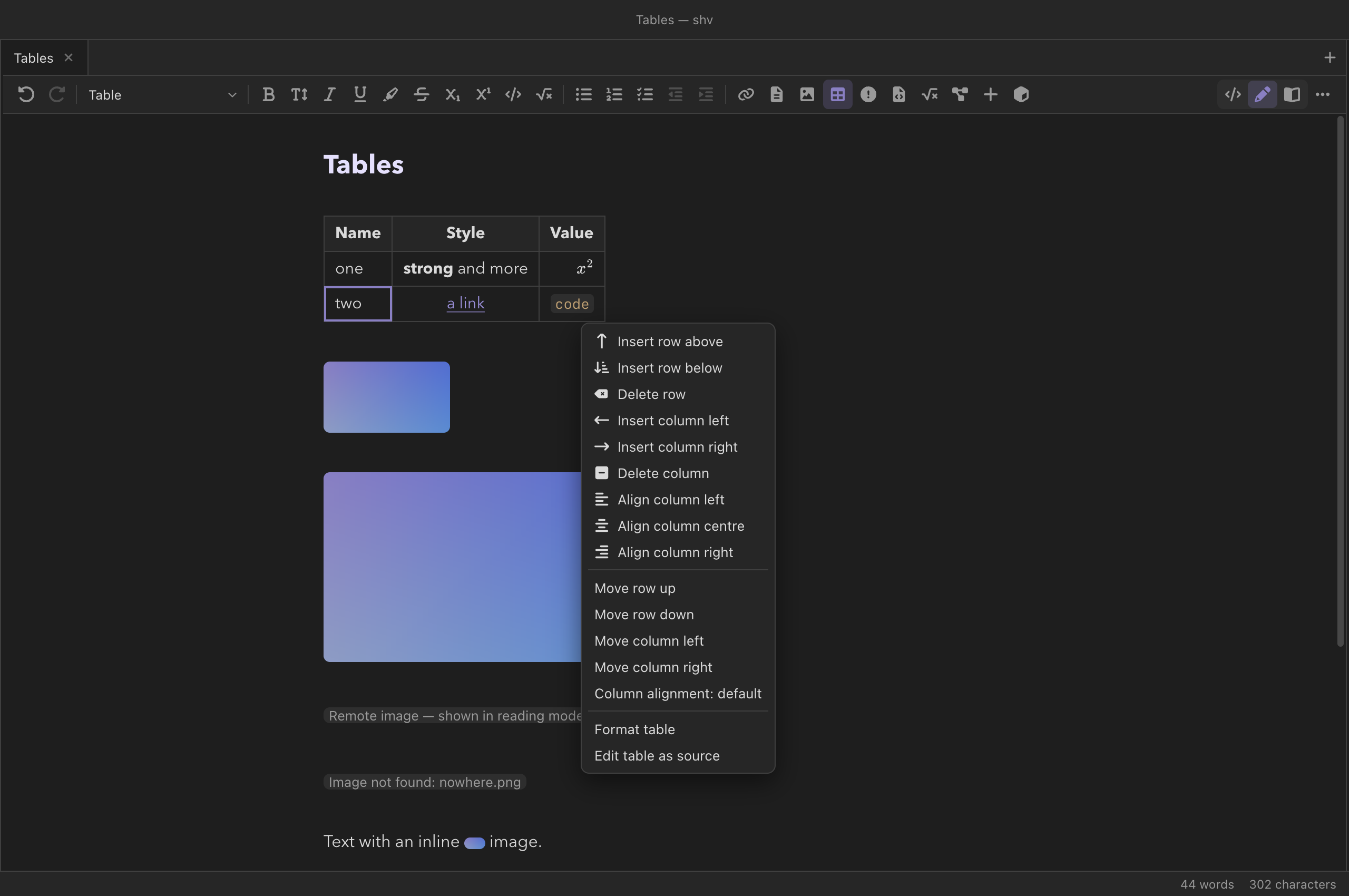 A table in live edit with one cell outlined for editing and the table menu open beside it: insert and delete rows and columns, alignment, moving rows and columns, format, edit as source