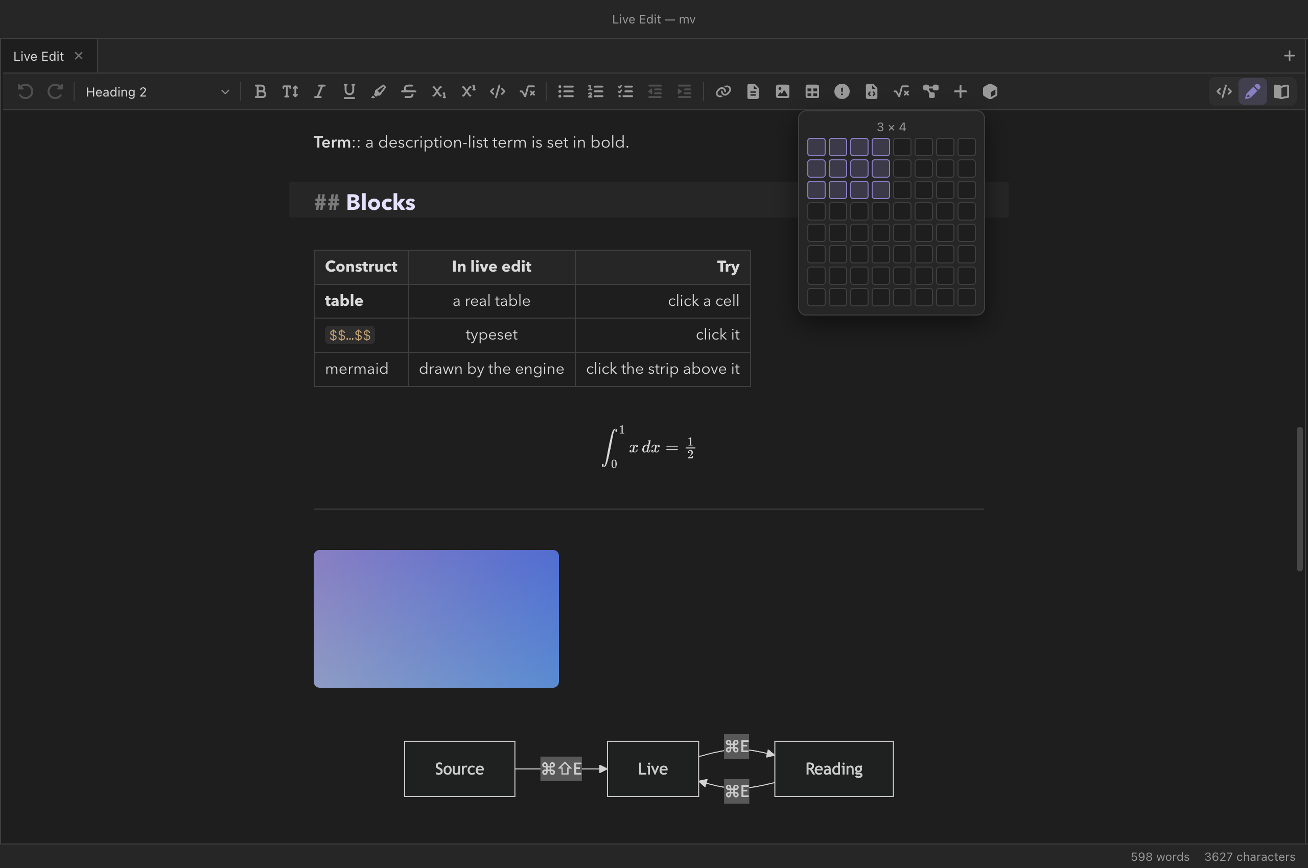 The editor toolbar above a note in live edit, with the table popover open showing a grid with three rows by four columns highlighted