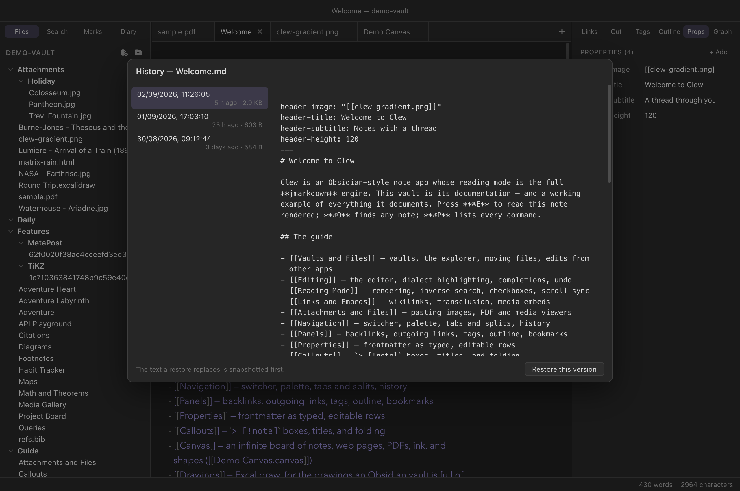 Clew's note history browser: a list of dated snapshots of the Welcome note on the left, the selected version's Markdown on the right, and a Restore button below