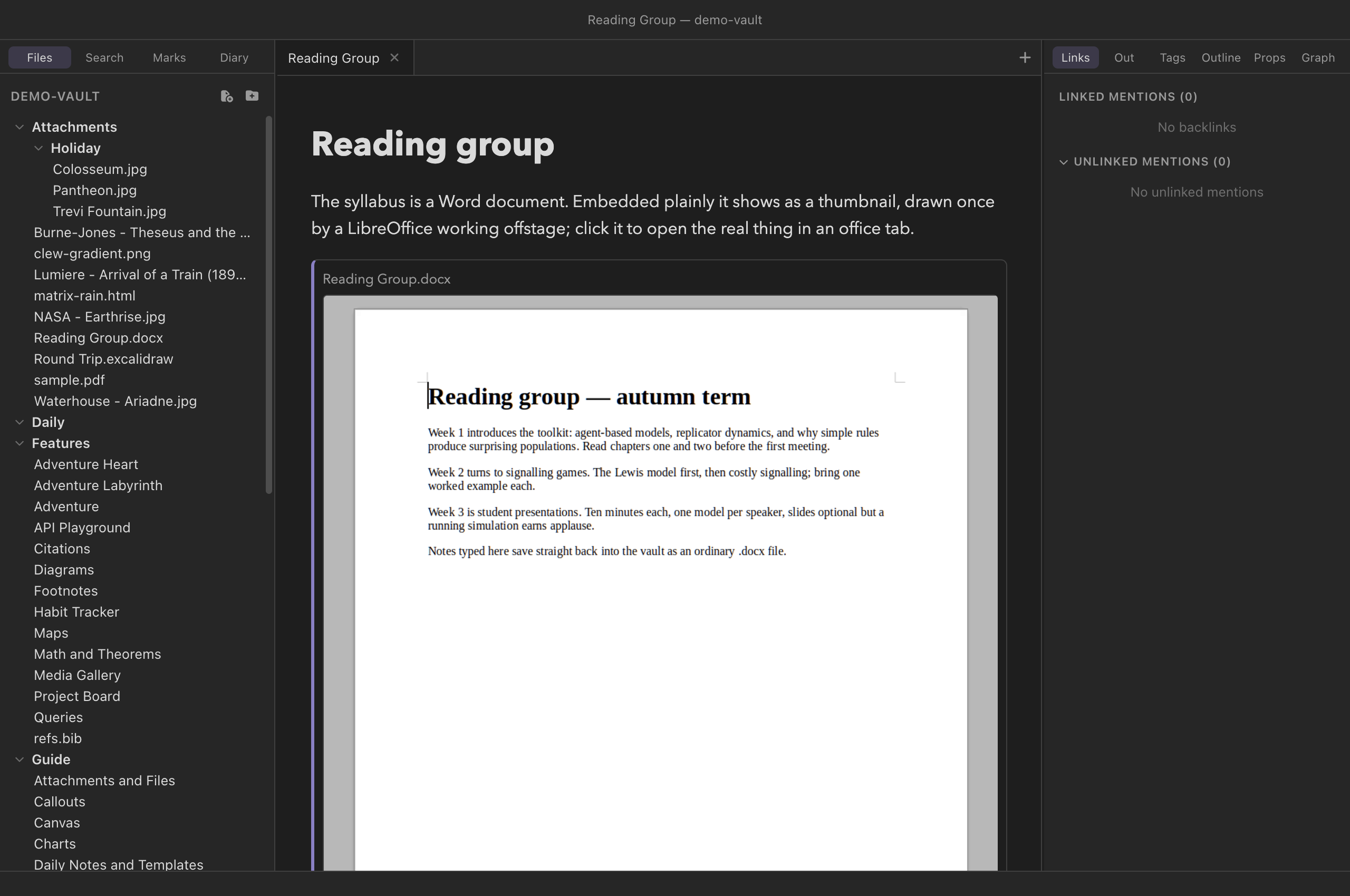 A note in reading mode embedding a Word document as a thumbnail: a rendered picture of the document's first page under a title bar naming the file