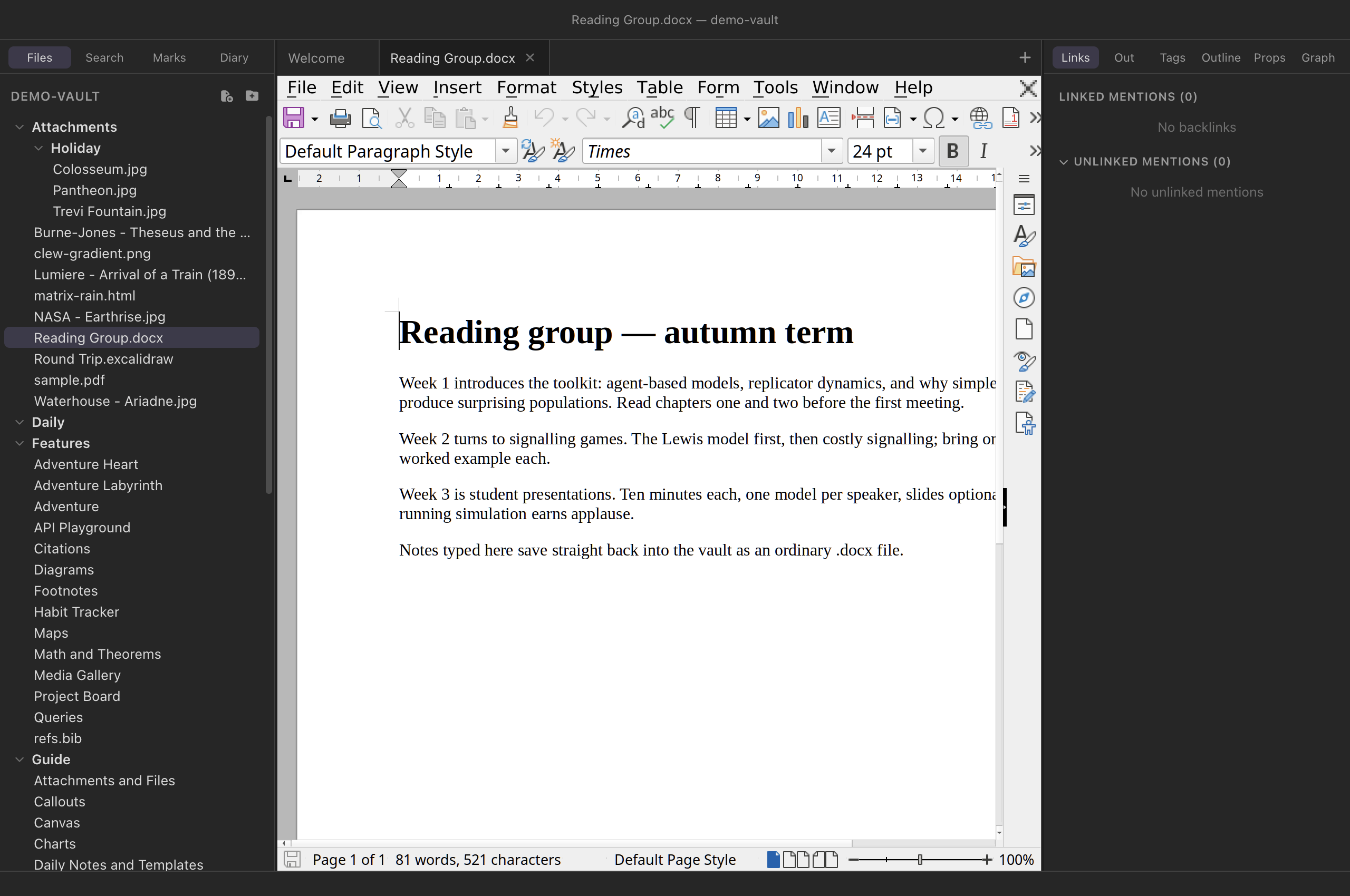 A Word document open in a Clew tab, showing LibreOffice Writer with the document being edited, beside a note tab.