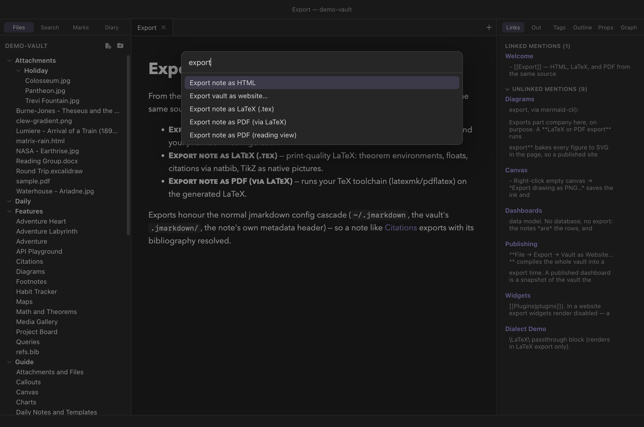 The command palette open over the Export guide note, filtered to export, listing the four note exports and the vault-as-website export