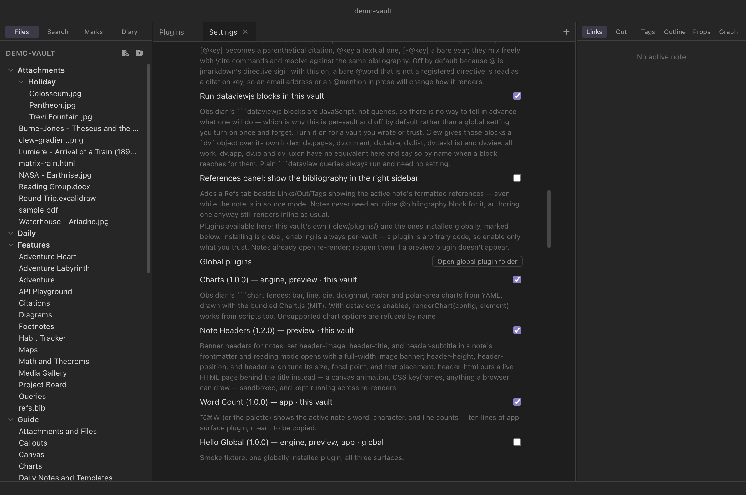 Clew's Settings tab scrolled to the This vault section: a Global plugins row with an Open global plugin folder button, then four plugin rows with checkboxes, three marked this vault and one marked global