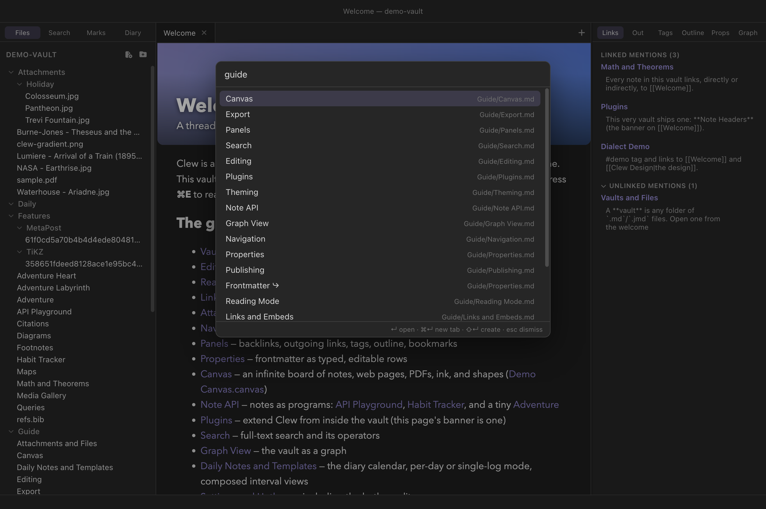 The quick switcher open over the workspace, with a partial query typed and fuzzy-matched notes listed below the input