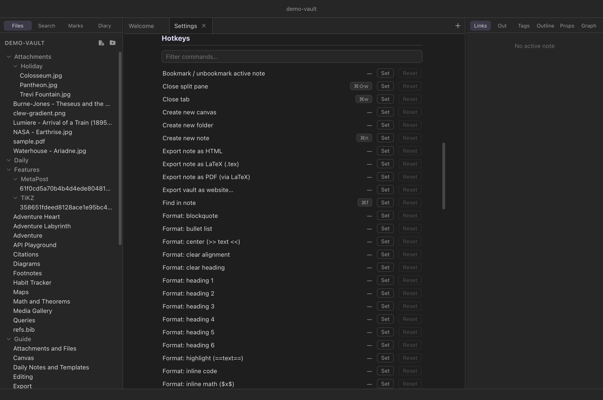 The settings tab open on the hotkey editor, showing a filter field and rows of commands with their current key chords and Set and Reset buttons